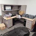 Blonde and Grey Cubicle L Suite Desk w/ Back Panel & Overhead